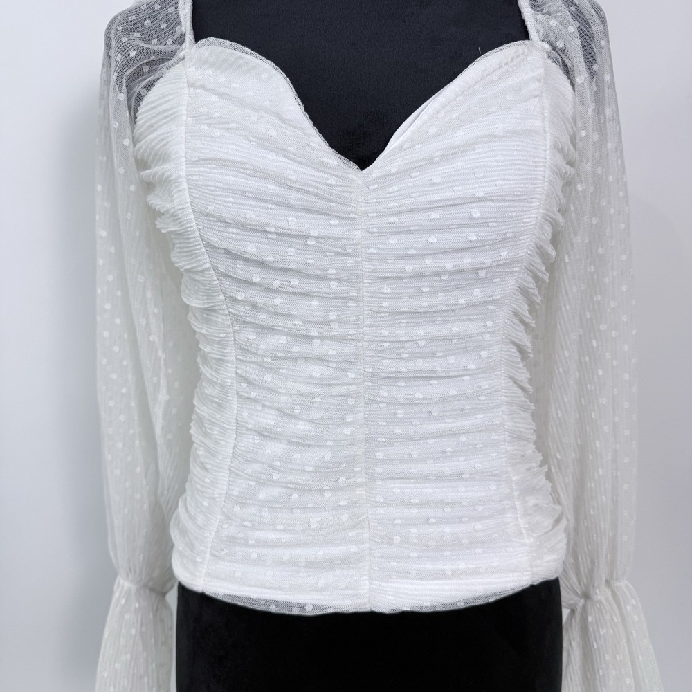 Ivory Coquette Romantic Top Size M Sheer Mesh Puff Sleeves Ruched Swiss Dot